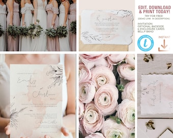 Blush Pink Botanical Wedding Editable Invitation Suite Big Bundle Pack of Templates - ROSALIE