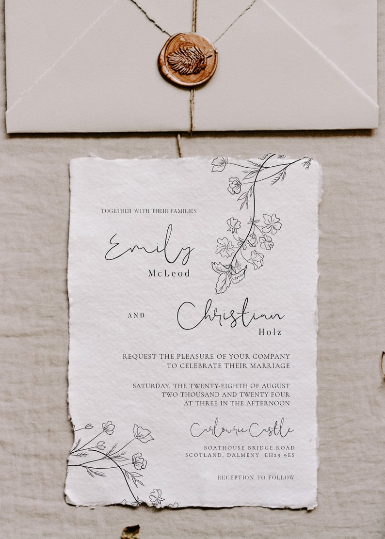 Minimal Floral Monochrome Wedding Invitation, RSVP card and details insert PALOMA image 4