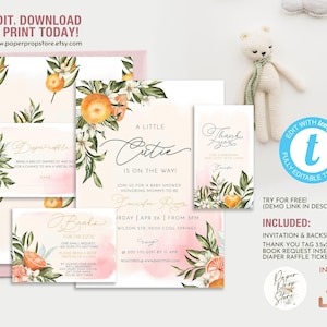 A Little Cutie Editable Baby Shower Invitation Set, Pink and Orange Cute Citrus Clementine baby girl, printable invite and inserts template