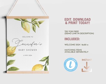 Lemon Baby Bridal Shower welcome sign, Citrus Greenery printable front door editable board