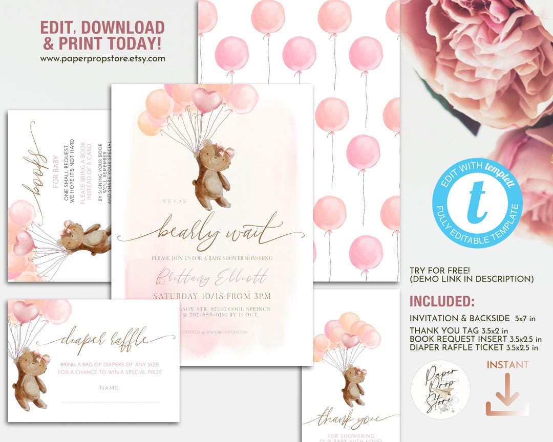 Pink Teddy Bear and Balloons We Can Bearly Wait Baby Shower Invitation ...