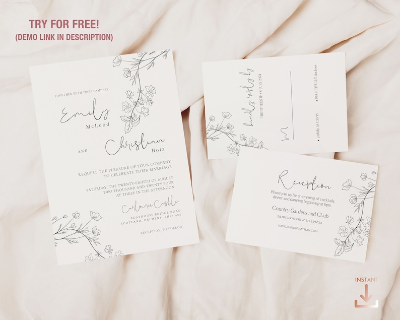 Minimal Floral Monochrome Wedding Invitation, RSVP card and details insert PALOMA image 1
