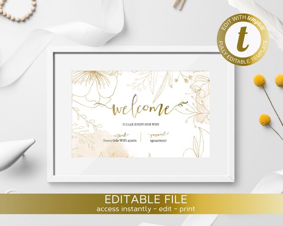 Printable Wifi Welcome Sign Gold Floral Editable Instant Etsy
