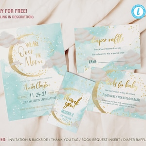 We are Over the Moon Blue Editable Baby Shower Invitation Set, Cute starry night baby shower printable invite and inserts