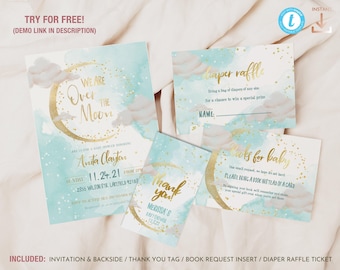 We are Over the Moon Blue Editable Baby Shower Invitation Set, Cute starry night baby shower printable invite and inserts