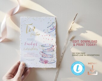 Tea for Two Party 2nd Birthday Invitation Template, Editable High Tea Second Bday Printable Invite