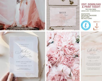 Blush Pink Watercolor Wedding Invitation Suite, Simple Calligraphy Editable invite RSVP and details card Template - COTTON CANDY