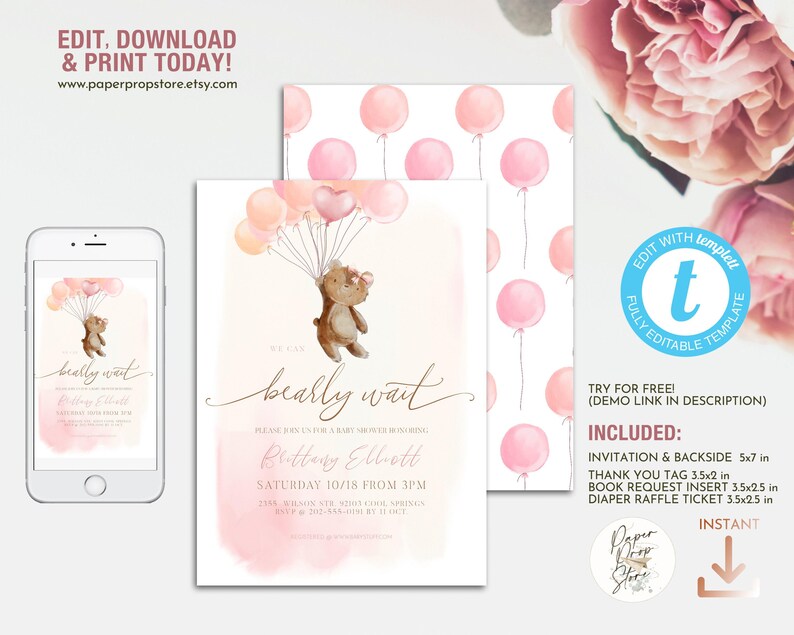 Pink Teddy Bear and Balloons We Can Bearly Wait Baby Shower Invitation ...