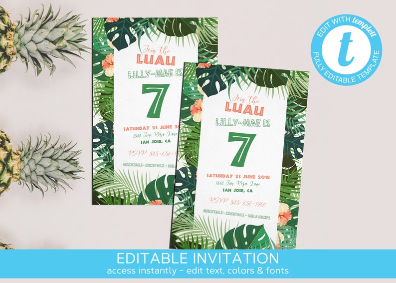 Moana Invitation Tropical Invitation Luau Girls Party moana birthday Hawaii invitation Luau theme girls Aloha Invitations Printable