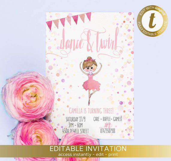 Ballerina invitation, Dance and Twirl, Ballerina birthday, Editable, Templett,Twirl invite, Ballerina party, Ballet, Printable invitation