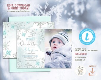 May include: A blue and silver snowflake themed invitation for a winter wonderland themed first birthday party. The invitation features a watercolour background with snowflakes and the text "Join us in a Winter Wonderland, Our little snowflake Sebastian is turning one, 17 December 2022, 1-3, 32 Schaw Road EH33 8AL, Port Seton, RSVP to Amy O'Connor".