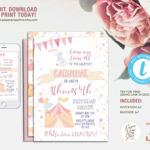 Pink Carnival Birthday Editable Invitation, Cute Baby Girl Circus Birthday Party Invite Template
