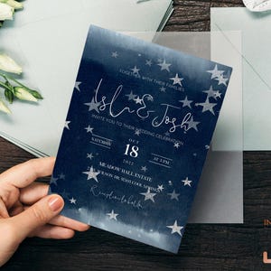 Starry Night Celestial Full Wedding Invitation Suite in Dark Blue with Silver Stars - NOVA image 2