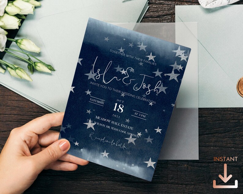 Starry Night Celestial Full Wedding Invitation Suite in Dark Blue with Silver Stars - NOVA image 2
