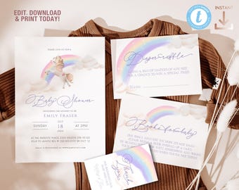 Rainbow and Unicorn Editable Baby Girl Shower Invitation pack, Cute baby shower printable invite, favour tag, diaper raffle, book request