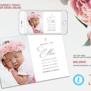 Anuncio de nacimiento de niña, plantilla de tarjeta fotográfica de bebé recién nacido con edición automática para imprimir o compartir en línea