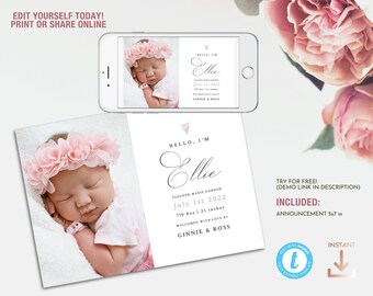 Baby Girl Birth Announcement, Self Editing Instant New Baby Photo Card Template for printing or sharing online