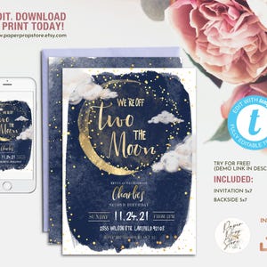Off Two the Moon Second Birthday printable Invitation, Moon and Stars editable invite