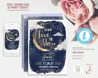 May include: Blue and gold watercolour invitation with a crescent moon and stars. The text reads "We're off to the moon" and "Charlie's Second Birthday".