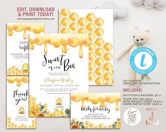 Zestaw edytowalnych zaproszeń na baby shower z motywem pszczół, słodki jak pszczoły, do wydrukowania, zaproszenia i wkładki