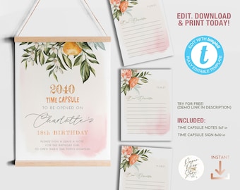 A little Cutie Time Capsule, First Birthday Party Editable Printable Sign and Notes in Pink