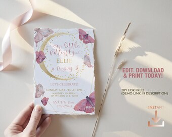 Our little butterfly pink birthday party editable invitation, Sweet spring first birthday template with crescent moon and butterflies