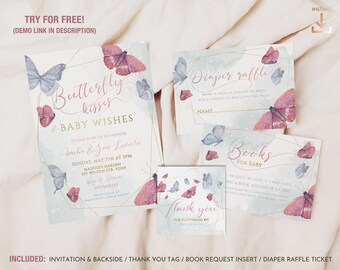Butterfly kisses and baby wishes Girl Baby Shower Invitation Set, Editable butterflies stationery bundle with inserts, pink and lilac