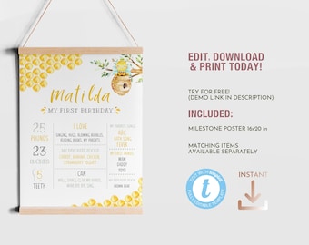 Honey Bee First Birthday Milestone Board Template, ONE Girl Party Editable Printable Sign