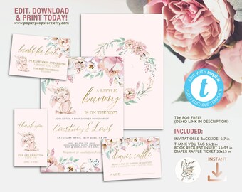 Blush Floral Bunny Baby Girl Shower Invitation Set, Pink Spring Time Printable Editable Invite Template, Easter Bunny Girl Shower
