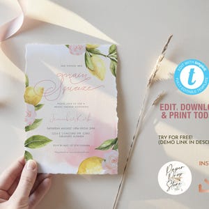 Her main squeeze, Blush Pink Lemon Citrus Greenery Bridal Shower Invitation Template, Summer Shower Editable Printable Invite