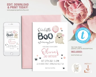 May include: Editable invitation template for a girl's 2nd birthday party with a ghost theme. The invitation features a cute ghost illustration with a pink balloon and the text "Our little Boo is turning two!" and "Olivia's 2nd Birthday".