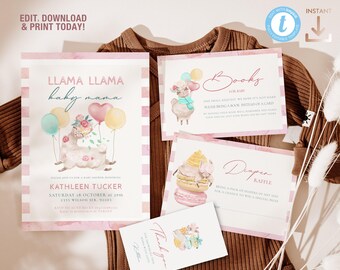 Llama Llama Baby Shower Invitation Set, Pink Candy Fiesta printable invitation and inserts