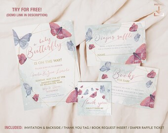 Baby butterfly Girl Baby Shower Invitation Set, Editable butterflies stationery bundle with inserts, pink and lilac springtime party