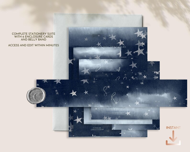 Starry Night Celestial Full Wedding Invitation Suite in Dark Blue with Silver Stars - NOVA image 5