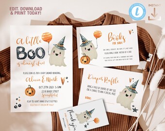 Little Boo Halloween Baby Shower Invitation and Inserts Set, Cute Gender Neutral Ghost Shower Editable Templates