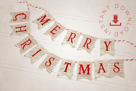 Fireplace garland, Xmas fireplace decor, Xmas accent, Christmas banners, Christmas garland, Music note bunting, Printable pennant banner