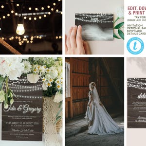 Barn Wood and String Lights Rustic Wedding Editable Invitation Suite Bundle of Templates, Invite, RSVP and Details