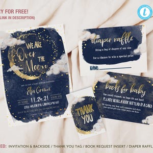 We are Over the Moon Editable Baby Shower Invitation Set, Cute starry night baby shower printable invite and inserts in Navy and Gold
