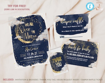 We are Over the Moon Editable Baby Shower Invitation Set, Cute starry night baby shower printable invite and inserts in Navy and Gold