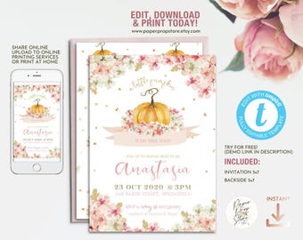 May include: A printable baby shower invitation with a watercolor illustration of a pumpkin and pink flowers. The text reads "a little pumpkin is on her way!" and "Anastasia".