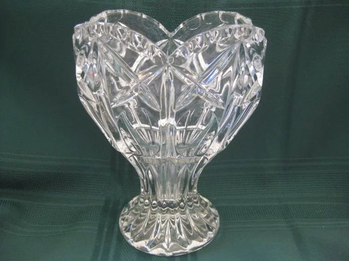 Vintage Pressed Glass Crystal Heart Shaped Vase Etsy