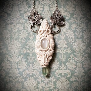 Moonstone and Quartz Elven talisman, polymer clay pendant, polymer clay jewelry, handmade jewelry, Elven jewelry, Celtic jewelry