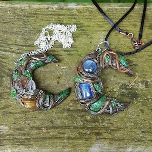 Forest crescent moon pendants, polymer clay jewelry, polymer clay pendant, handmade jewelry, earthy jewelry, Elven jewelry, forest jewelry