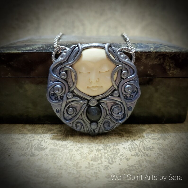 polymer clay jewelry polymer clay pendant Elven jewelry handmade jewelry Full Moon Goddess talisman Celtic jewelry moon jewelry