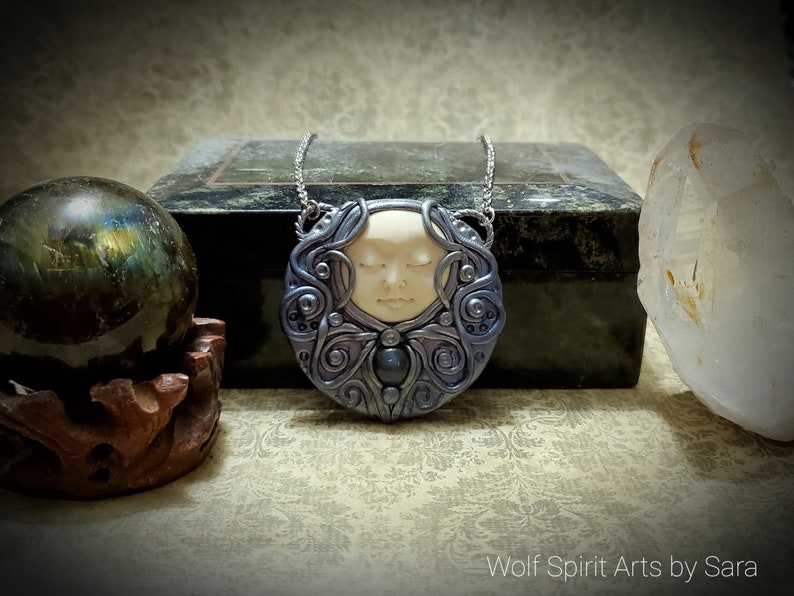polymer clay jewelry polymer clay pendant Elven jewelry handmade jewelry Full Moon Goddess talisman Celtic jewelry moon jewelry