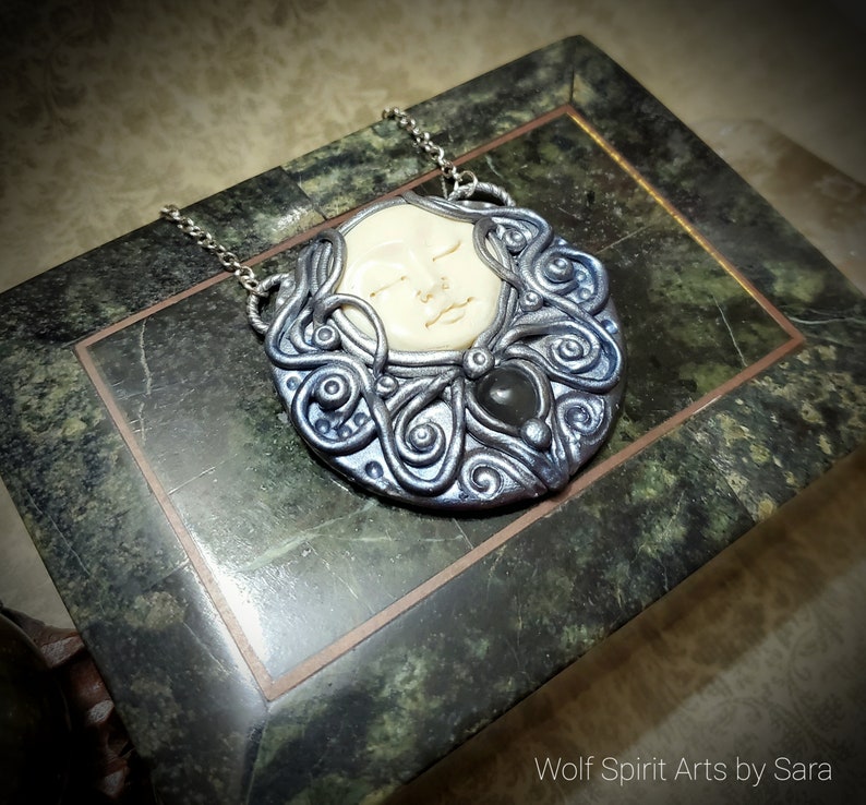 polymer clay jewelry polymer clay pendant Elven jewelry handmade jewelry Full Moon Goddess talisman Celtic jewelry moon jewelry