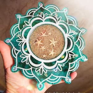 Sea and Sand mandala display, resin art, resin decor, handmade art, wall decor, home decor, mandala art, ocean design, ocean art