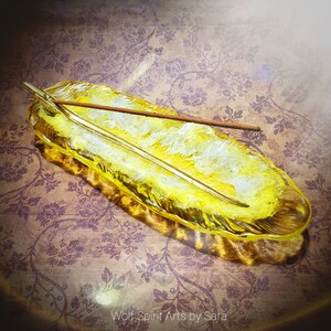 Yellow feather incense burner, resin art, resin decor, handmade art, altar decor, home decor, feather art, incense burner