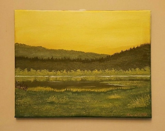 Sunrise by the Pond acrylic painting on canvas, acrylic painting landscape, acrylic paintings original, acrylic painting canvas art,wall art