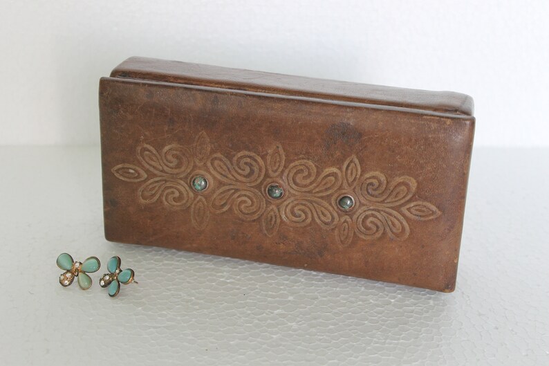Trinket box Real Leather Brown Box Hand Tooled Leather Jewelry Box Embossed Genuine Leather Box Gift for Her Vintage Box